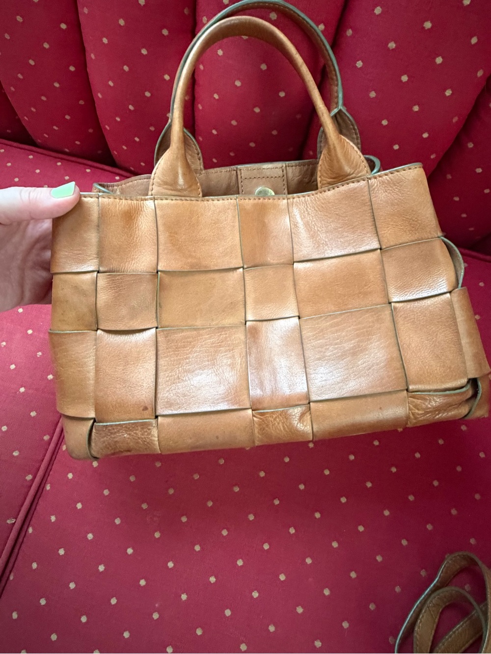 Woven Leather Satchel Handbag in Tan - Picture 3 of 8